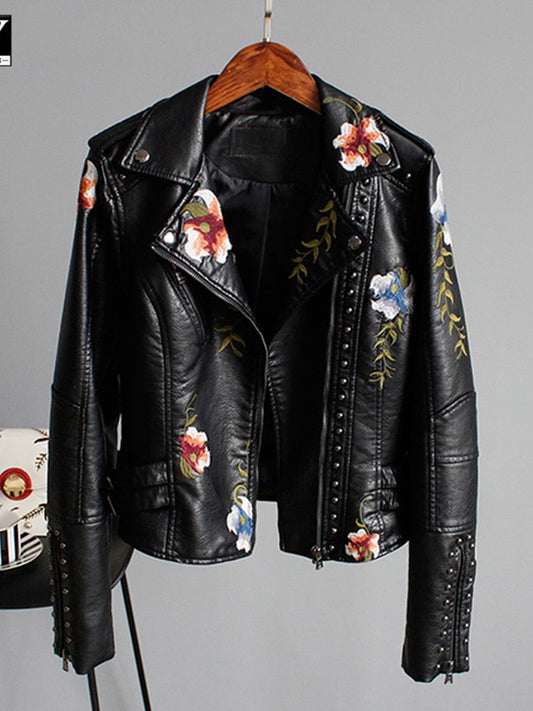 Maribel | Women's Leather Jacket with Embroidered Flowers Chic and Elegant