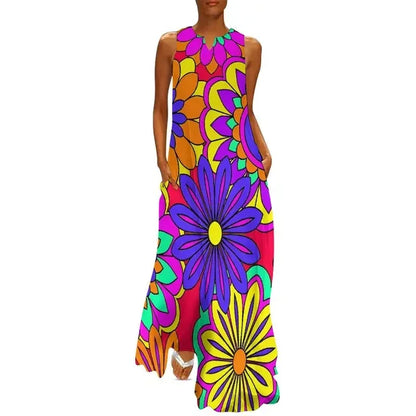 LP | Flower Power Women Dress Summer Print Floral Retro Road Wear Bohemia Long Dress Women's Sleeveless Sexy Maxi Dress Large Size 3XL