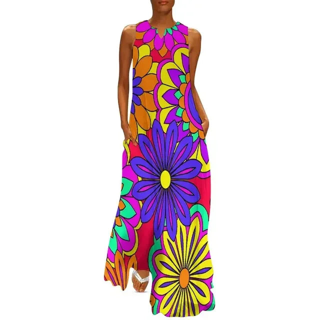 LP | Flower Power Women Dress Summer Print Floral Retro Street Wear Bohemia Long Women's Sleeveless Sexy Maxi Dress Large Size 3XL