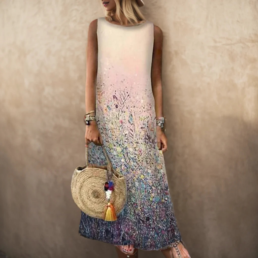 LP | Vintage Floral Printed Women Sleeveless Sundress Summer Loose Casual Beach Long Dress Ladies Bohemia Maxi Dresses Party Vestidos