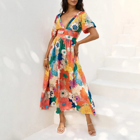 LD Long floral print dress with short puff sleeves