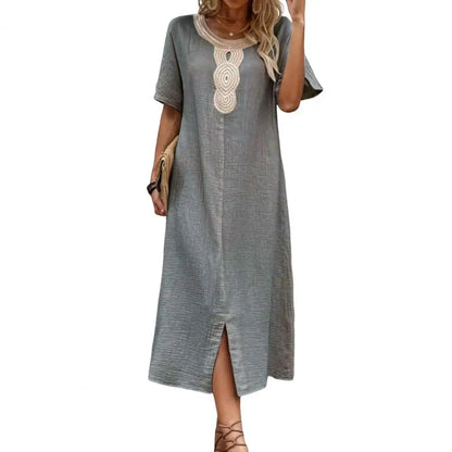 LP | Vintage Women's Dress Summer Split Hem Or Neck Loose Retro Bohemian Straight Casual Breathable Midi Dress
