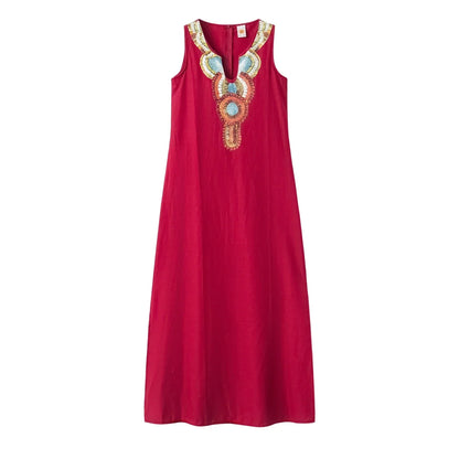 LP | women new casual loose cotton hemp bohemian sexy sleeveless deep V-neck side split dress