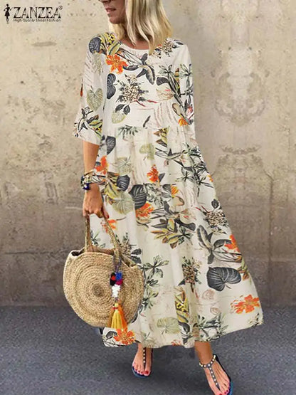 LP | Femme Short Sleeve Sundress ZANZEA Summer Women Printed Floral Bohemian Elegant Casual Oversize Dresses Kaftan Holidays