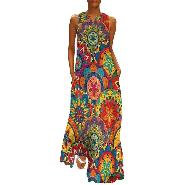 LP | Flower Power Women Dress Summer Print Floral Retro Road Wear Bohemia Long Dress Women's Sleeveless Sexy Maxi Dress Large Size 3XL