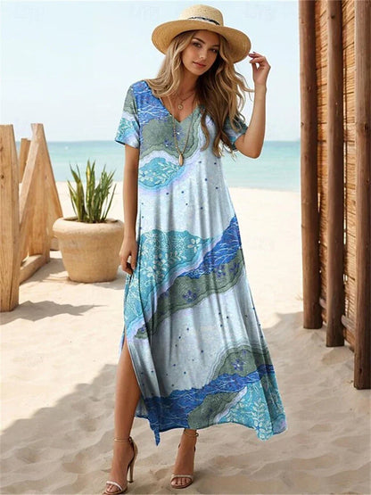 LP | New Floral Printed Dresses Hawaiian Long Dresses Women's Holiday Short Sleeve Dresses Fashion Summer V Neck Designs Summer
