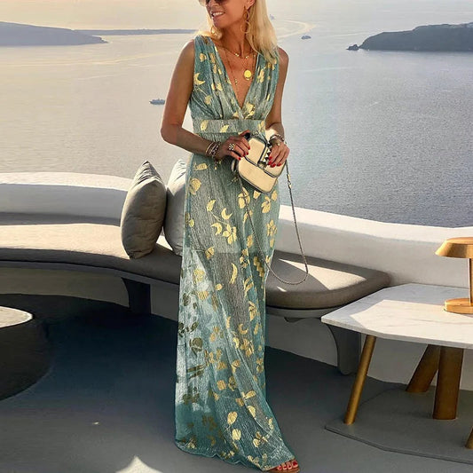 LD Long flowing dress with V-neck and glitter details