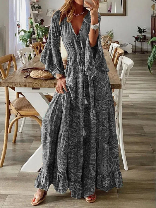 LP | 2023Crossed-edge bohemian-style flared sleeves printed V-neck high waist dress for vacations with floral dress-for-women