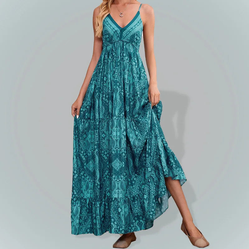 LP | BAMBOOBOY Women's V-neck Party Long Dresses Vintage Printed Bohemian Beach Elegant Sleeveless Spaghetti Strap Sexy Maxi Sundress