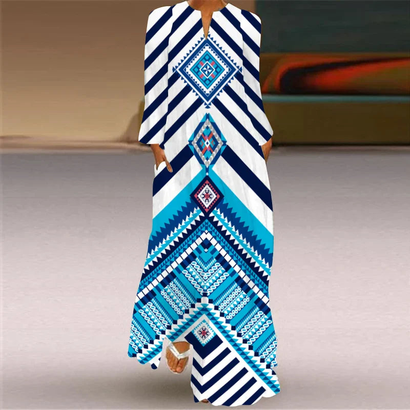 LP | 2024 Women with European and American Cross Borders New V-neck and Long Sleeve Sexy Printed Large Pocket Dress for Foreign Trade