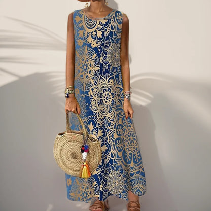 LP | Vintage Floral Printed Women Sleeveless Sundress Summer Loose Casual Beach Long Dress Ladies Bohemia Maxi Dresses Party Vestidos