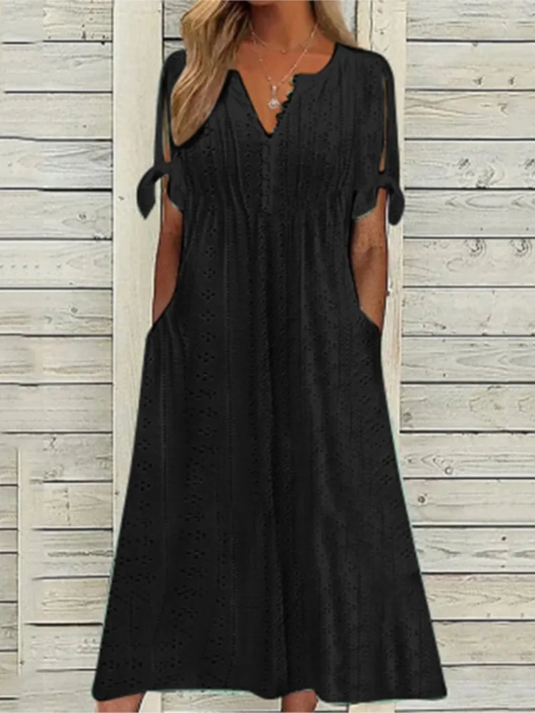 LP | Summer Solid Color Women's Short Sleeve Dresses Fashion Sexy Hollow V Neck Lace Ruffle Casual Simple Women's Beach Vacation Dress