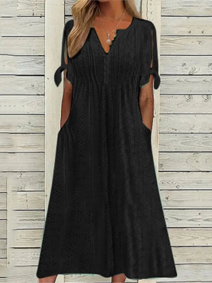 LP | Summer Solid Color Women's Short Sleeve Dresses Fashion Sexy Hollow V Neck Lace Ruffle Casual Simple Women's Beach Vacation Dress