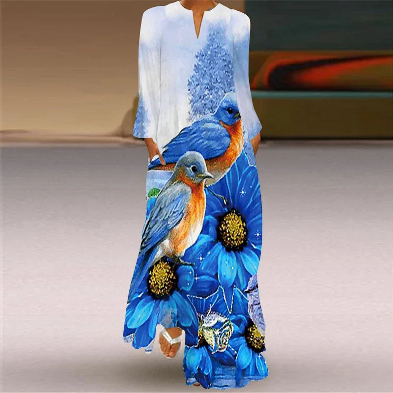 LP | 2024 Women with European and American Cross Borders New V-neck and Long Sleeve Sexy Printed Large Pocket Dress for Foreign Trade