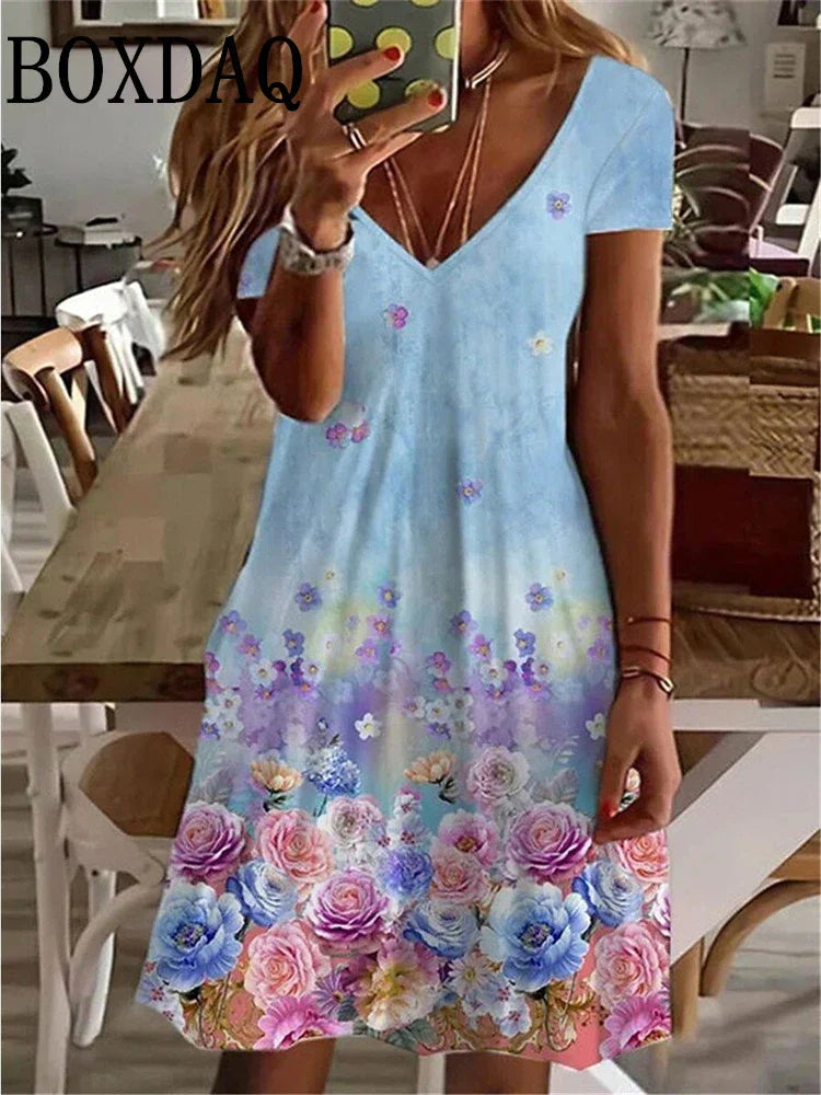 LP | Women's Sundress Midi Dress Short Sleeve Floral Print Summer Casual V Neck Loose Dresses Plus Size 2024 Women's Clothing Vestidos