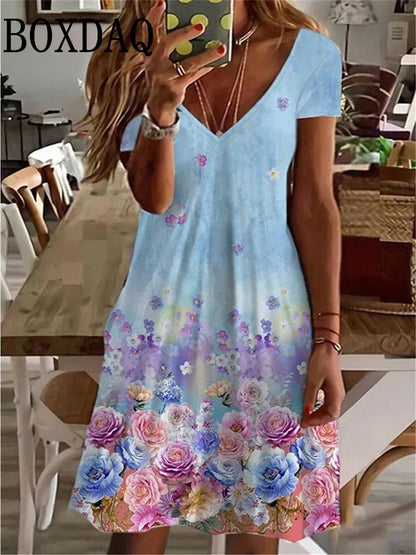 LP | Women's Sundress Midi Dress Short Sleeve Floral Print Summer Casual V Neck Loose Dresses Plus Size 2024 Women's Clothing Vestidos