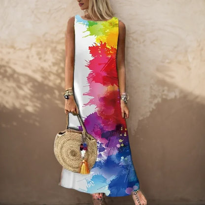 LP | Vintage Floral Printed Women Sleeveless Sundress Summer Loose Casual Beach Long Dress Ladies Bohemia Maxi Dresses Party Vestidos