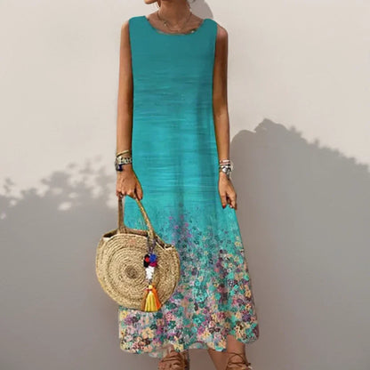 LP | Vintage Floral Printed Women Sleeveless Sundress Summer Loose Casual Beach Long Dress Ladies Bohemia Maxi Dresses Party Vestidos