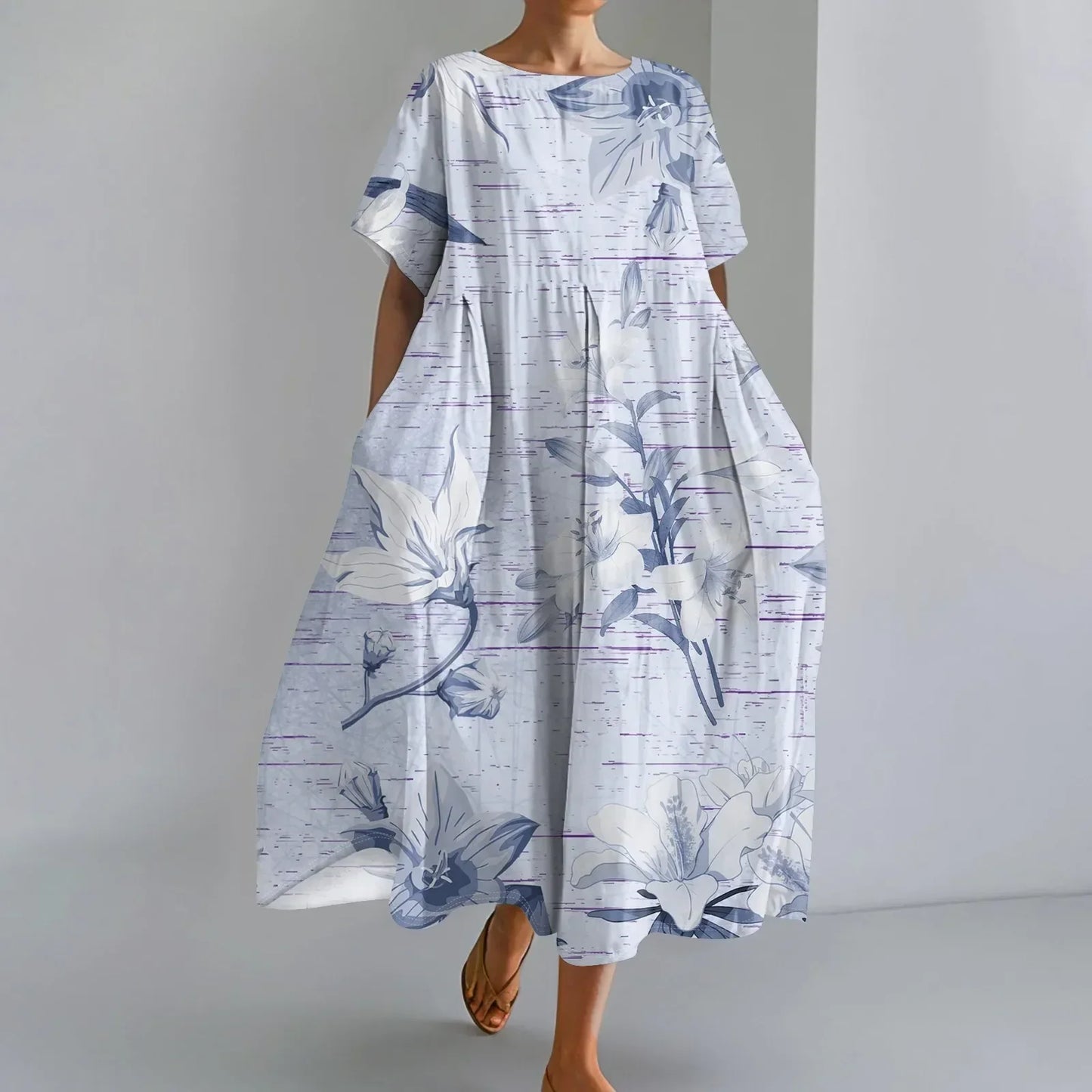 LP | Ladies' Large Sized Floral Printed Fashion Round Neck Short Sleeve Loose Large Pocket Long Dress Beach Comfortable Maxi Skirt