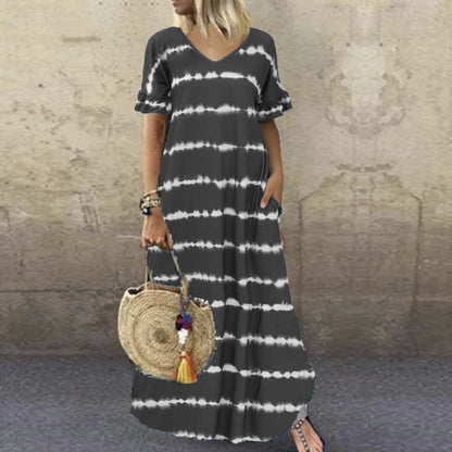 LP | New Summer Dress V-neck Striped Sleeves Printed Long Dress Large Casual Dress