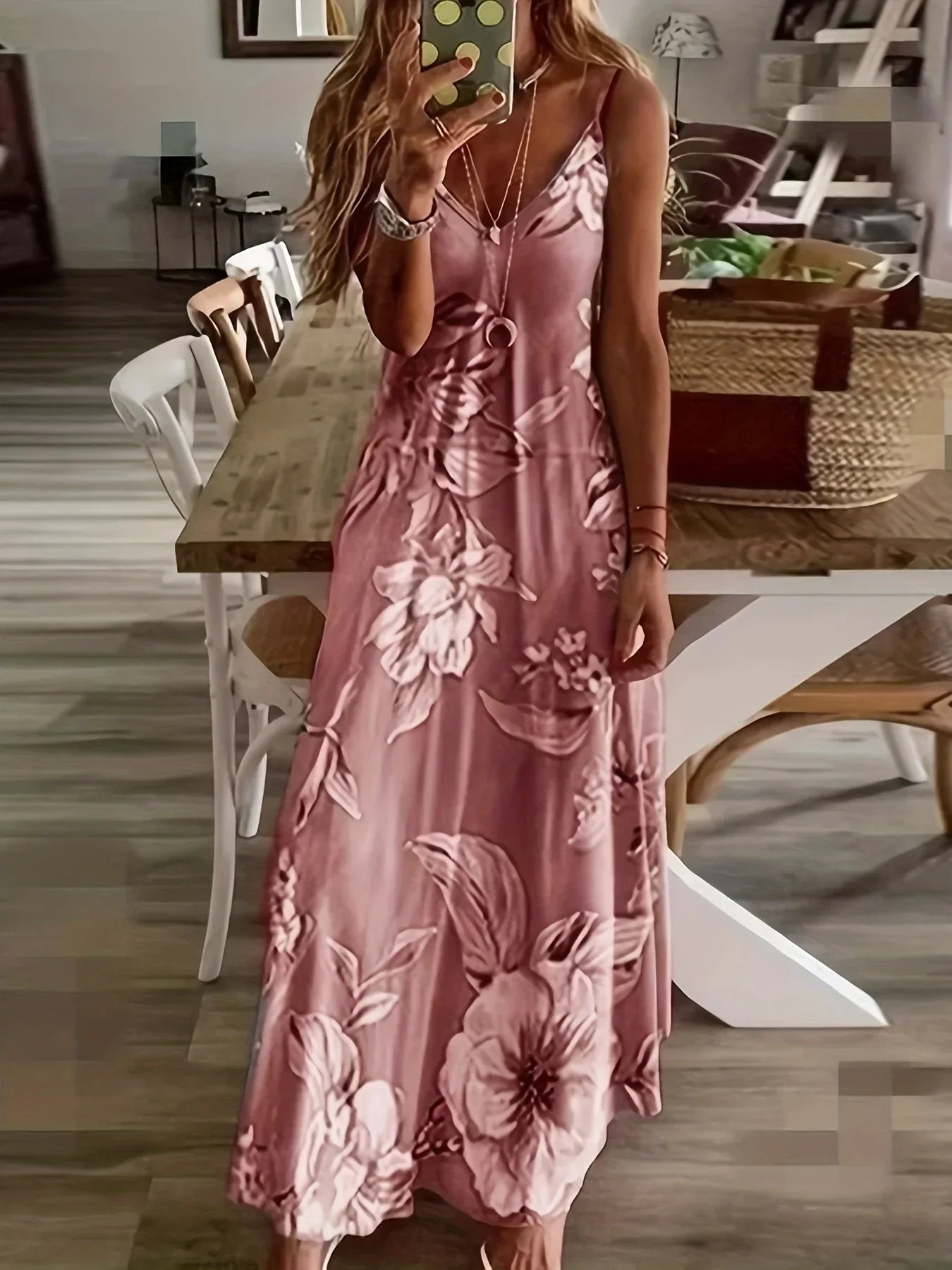 LP | Fresh geometric print V-neck Long dress for suspenders Summer vacation Ankle-length Beach and sea Dress for suspenders