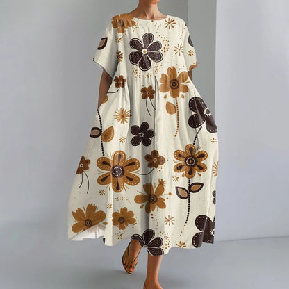 LP | Ladies' Large Sized Floral Printed Fashion Round Neck Short Sleeve Loose Large Pocket Long Dress Beach Comfortable Maxi Skirt