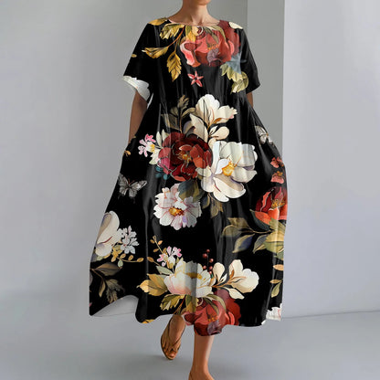 LP | Ladies' Large Sized Floral Printed Fashion Round Neck Short Sleeve Loose Large Pocket Long Dress Beach Comfortable Maxi Skirt
