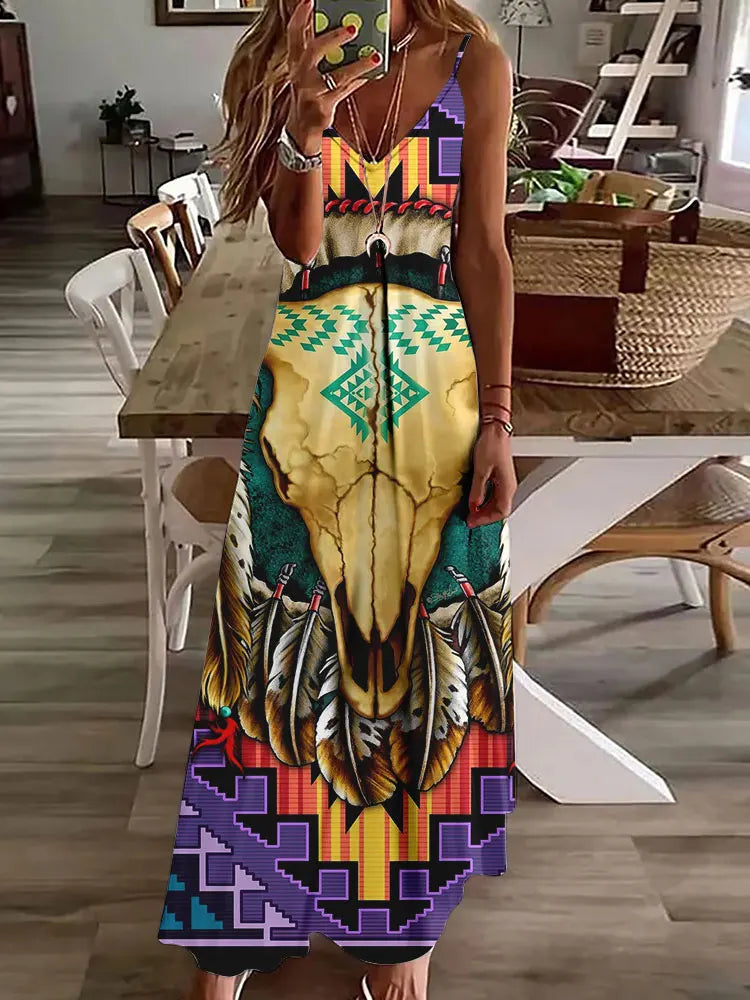 LP | 2024 New 3D Owl Print Vintage Gilet Sleeveless Long Women's Tribal Pattern Spaghetti Strap Dress Summer Long Loose Dresses