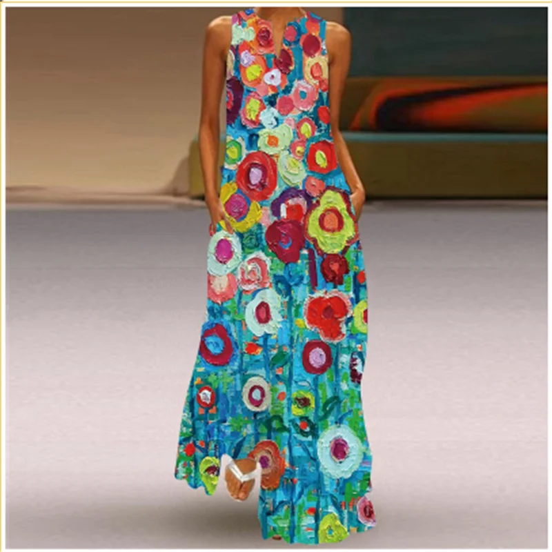 LP | Spring Summer Long Women Floral Sleeveless Dress Sleeveless Print Loose Elegant Party Dress For Women 2024 Casual Beach Maxi Dress Women