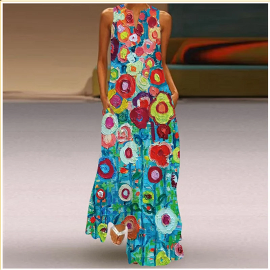 LP | Spring Summer Long Women's Floral Sleeveless Dress Sleeveless Print Loose Elegant Party Dress For Women 2024 Casual Beach Maxi Dress Women's