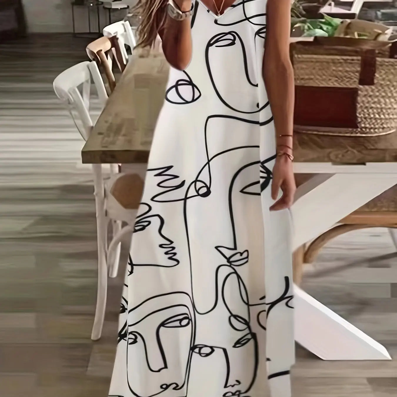 LP | ladies maxi dress retro tribal print ladies loose one line maxi dress party street fashion casual long dress for women