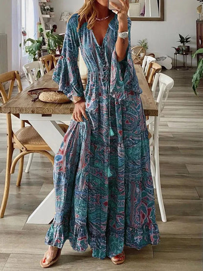 LP | 2023Bohemian style crisscross border flared sleeves printed V-neck high waist vacation dress with floral dress for women