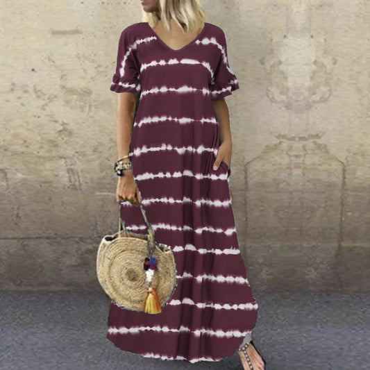 LP | New summer dress V-neck Striped sleeves Printed long dress Large casual dress
