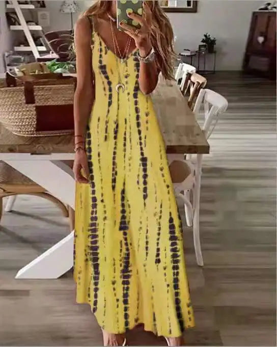 LP | Maxi Dresses Spaghetti Strap Printed Casual for Women V-neck Backless A-Line Long Dress Fashion Bohemian Style Beach Vestidos