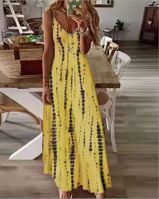 LP | Maxi Dresses Spaghetti Strap Printed Casual for Women V-neck Backless A-Line Long Dress Fashion Bohemian Style Beach Vestidos