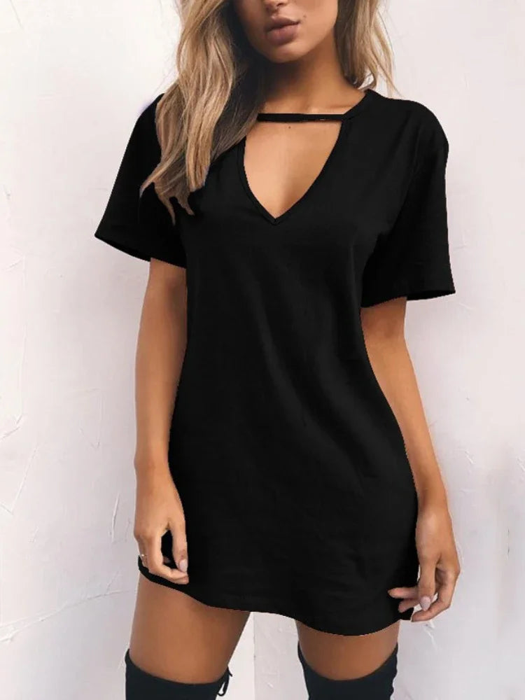LP | Sexy Elegant Dress Wrap Deep V Neck Cut Out Loose Dress Women Solid Color Short Sleeve Mini Dress Club Party Vestidos