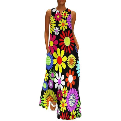 LP | Flower Power Women Dress Summer Print Floral Retro Road Wear Bohemia Long Dress Women's Sleeveless Sexy Maxi Dress Large Size 3XL