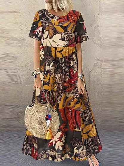 LP | ZANZEA 2023 Vintage Printed Dress Women's Summer Sundress Casual Short Sleeve Maxi Vestidos Female O Neck Floral Robe Femme