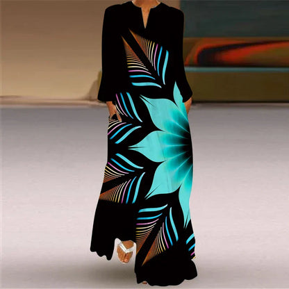 LP | 2024 Women with European and American Cross Borders New V-neck and Long Sleeve Sexy Printed Large Pocket Dress for Foreign Trade