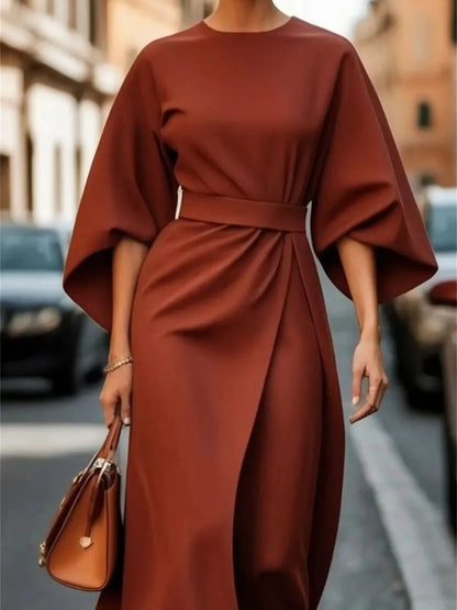 LD | Elegant midi dress with bell sleeves and belt