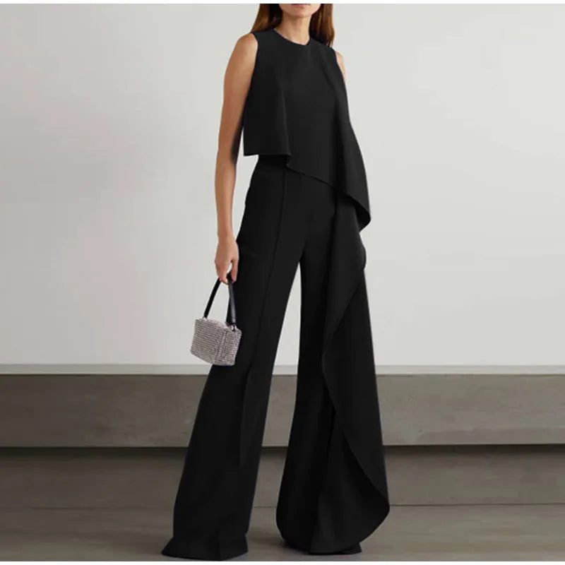 Casual, sleeveless, straight-cut pants with a skinny front and wide legs for women