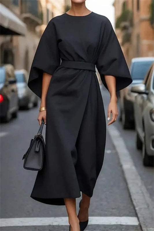 LD | Elegant midi dress with bell sleeves and belt