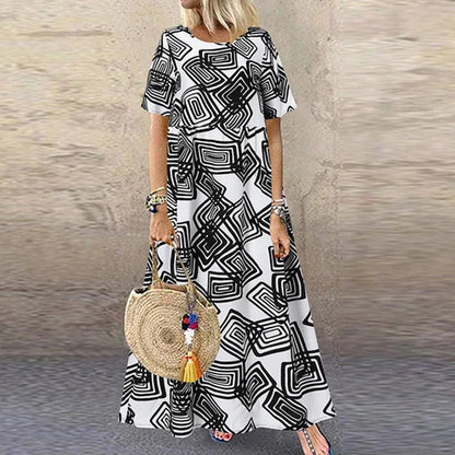 LP | Women's Summer Short Sleeve New Plus Size Luxury Casual Holiday Dress Sun Retro Long Skirt Casual Skirt