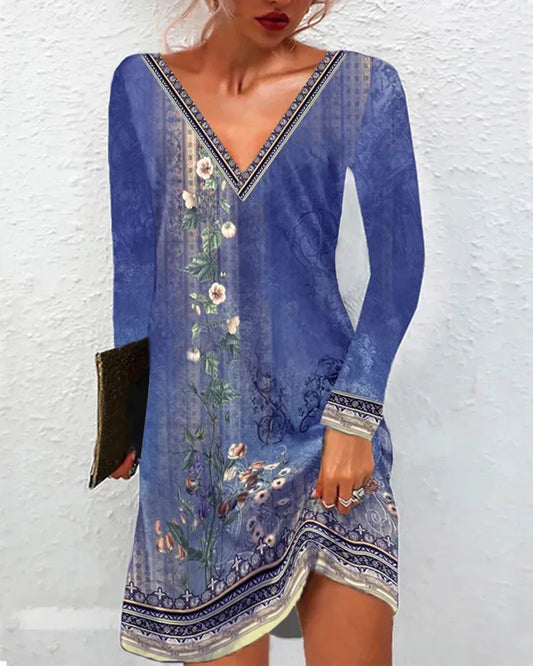 LP | Women's Summer Boho V-neck Short Sleeve Print Vintage Dress Floral Casual Women's Holiday Beach Dresses Loose Vestidos