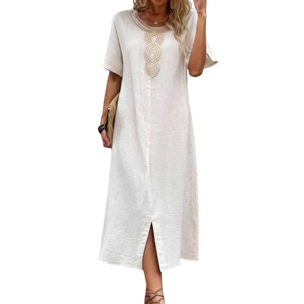 LP | Vintage Women's Dress Summer Split Hem Or Neck Loose Retro Bohemian Straight Casual Breathable Midi Dress