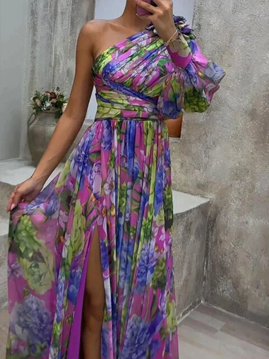 LP | Sexy purple maxi dress with side slit and single sleeve