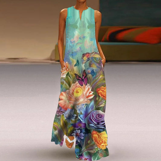 LP | 2025 Summer New Vintage Flower Printed Long Dresses Women Fashion V-neck Loose Sleeveless Dress Casual Pendulous Vestidos Female