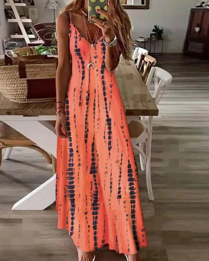 LP | Maxi Dresses Spaghetti Strap Printed Casual for Women V-neck Backless A-Line Long Dress Fashion Bohemian Style Beach Vestidos