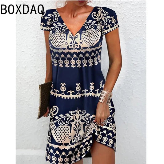 LP | 3D Vintage Elegant Ethnic Style Printed Oversize Dress Short Sleeve V-neck Casual A-Line Length Knee Dress Vestidos