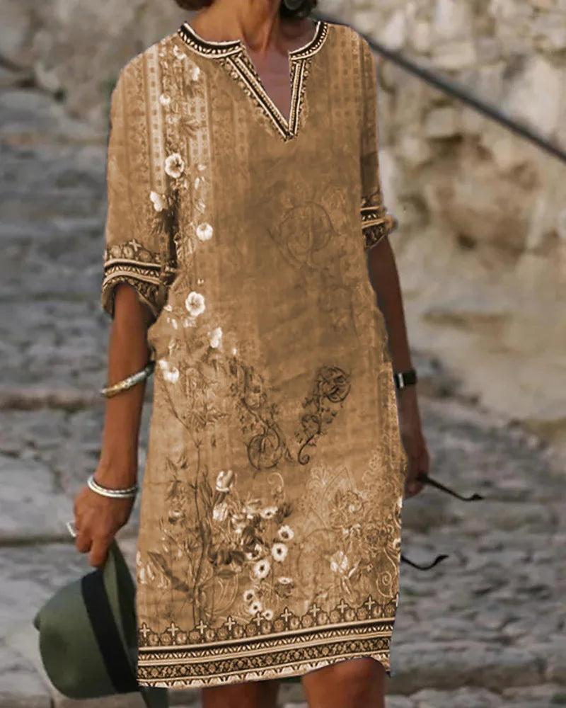 LP | Elegant Women's Loose Dresses Flower 2023 Spring/Summer Ethnic Style Print Buddy Retro Casual V-Neck Dress Lady Robe S-5XL